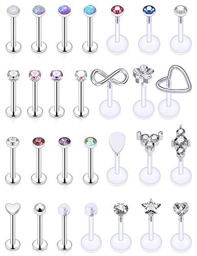 Gadeaila 16g Lip Rings Stainless Steel Horseshoe Labret Monroe Lip Rings Nail Tragus Helix Earrings Studs Ring Medusa Piercing Jewelry 8mm 10mm 20-36PCS Flat Back Stud Screw Mouth Piercings