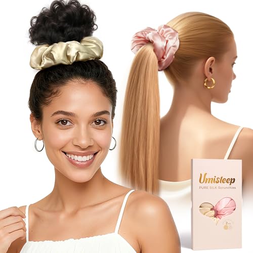 Umisleep Upgraded XXL Oversized 100% Maulbeerseide Scrunchies für Damen, Sanfte Haargummis für dickes & langes Haar, gegen Frizz & Haarbruch, ohne Abdrücke, 2er Set in Rosa & Champagner