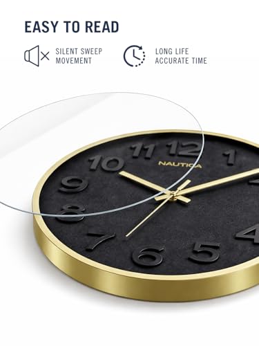 Image of Nautica Premium Metal Modern Wall Clock with Quartz Silent Sweep Technology -1pc Size (Real) | 12 inch | Ideal for Home, Living Room, Bedroom & Office - 3D dial-Black /Gold