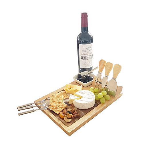 Premium Wood Cheese Board & Cutlery Knife Set with Tempered Glass Cutting Board and 4 pcs Stainless Steel Knives and Ceramic Bowl and 4 Mini Forks