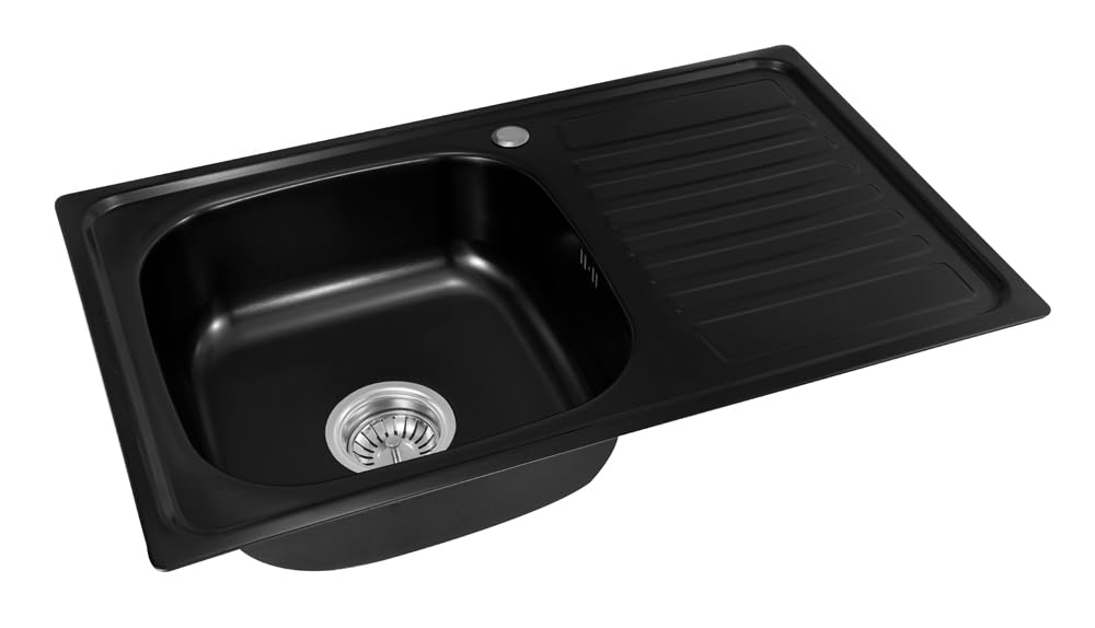 Lavello da incasso, Lavello da cucina in acciaio inox 304, spessore del materiale 0,8 mm, lavello da cucina 1 vasca, scolapiatti rettangolare 80L x 50P x 18A (scolapiatti a destra - nero)
