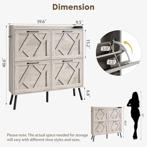 Image of Nicetree Shoe Cabinet with 4 Flip Drawers, Freestanding Shoe Organizer Cabinet, Farmhouse Narrow Shoe Storage Cabinet for Entryway, Foyer, Hallway