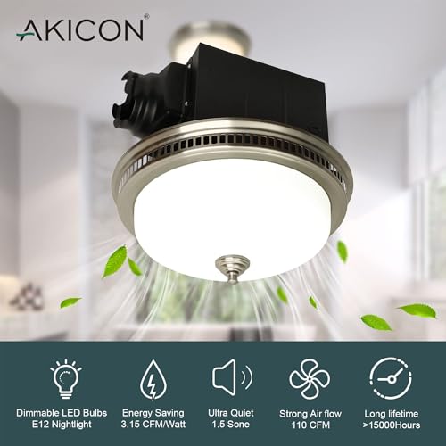 Image of Akicon Bathroom Exhaust Fan with Light, Ultra Quiet 110 CFM 1.5 Sones Ventilation Exhaust Bathroom Fan Light Combo and Nightlight, 3 Years Warranty (Brushed Nickel)