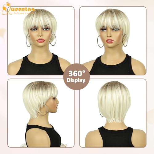 Image of QUEENTAS 8 Inch Short Blonde Pixie Cut Wig with Bangs for Women, Layered Platinum Blonde with Light Brown Dark Roots Synthetic Hair Wig for Daily Commute, Running & Cosplay