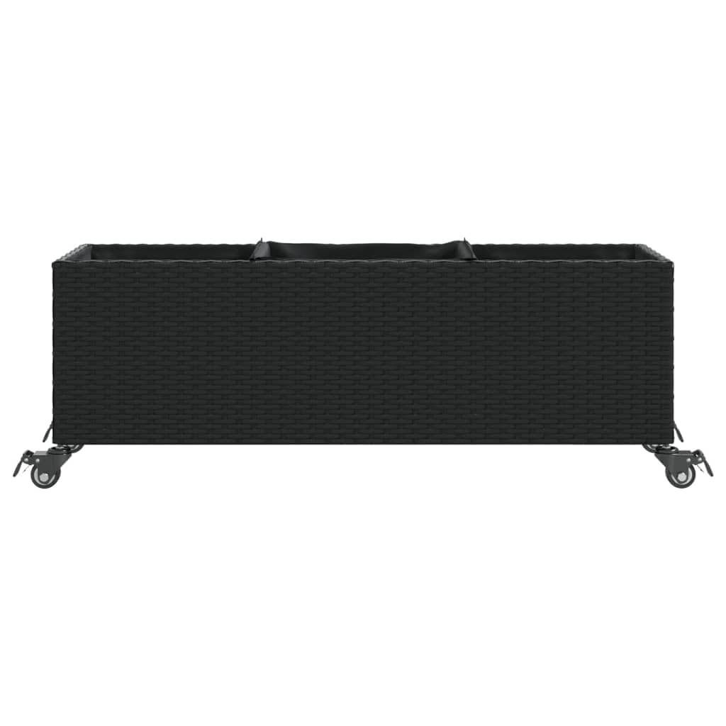 Czarna donica ogrodowa z kółkami i 3 wkładami rattan PE 107x32x38 cm do uprawy kwiatów na taras balkon dekoracja