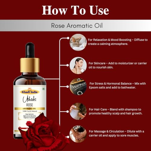 Image of Khadi Rose Aromatic Essential Oil 15 ml | Pure & Natural | For Skin & Hair Care | With Anti Aging Properties | Bath & Massage Body Oil | All Skin & Hair Types | Aromatherapy for Men & Women