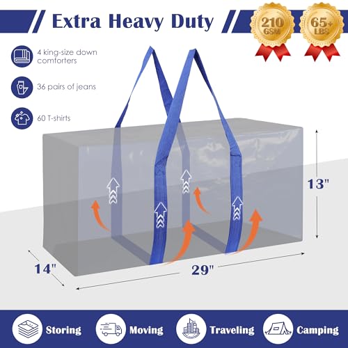 Image of 12 Pack Moving Bags with Full-Open Side Zipper, Extra Large 93L Heavy Duty Waterproof Foldable Storage Totes for College Dorm, Moving & Home Organization Blue