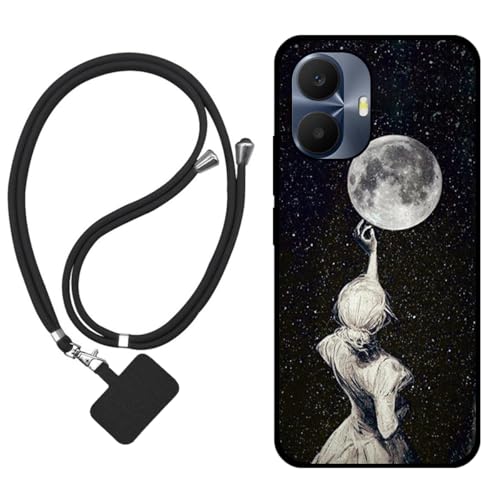 Sunrive Case compatible with TCL K70 Power 4G, Ultra Slim matte Soft Premium TPU Back Rubber Bumper Protector Patterns Cover(Back Shadow,Moon,Stars)+1 x Phone Lanyard
