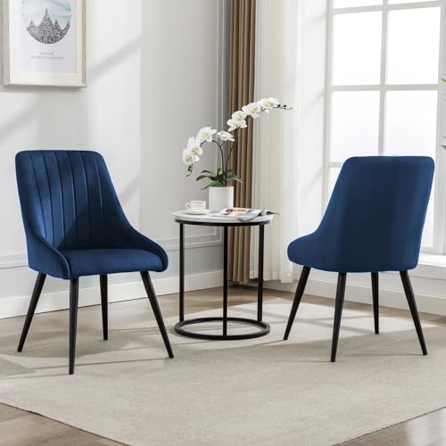 Image of Finch Fox Morris Velvet Dining Chair for Living Room, Bedroom, Home Office with Black Metal Legs in Dark Blue Color