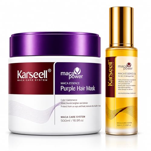 Karseell MACA CARE SYSTEM Set Maschera Capelli Viola Antigiallo Professionale + Olio di Argan Idratante Riparatrice Nutriente Capelli Biondi Grigi Platino Secchi Danneggiati Anticrespo Senza Solfati