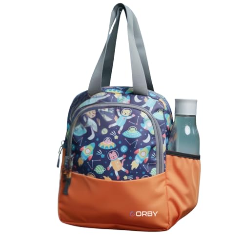 Image of ORBY Lunch Bag Galaxy Spaceship Orange | Water-Repellent Durable Fabric | Tiffin Bag with Bottle Holder & Front Pocket | Strong Zipper & Spacious Meal Storage (Spaceship Pattern, Orange)