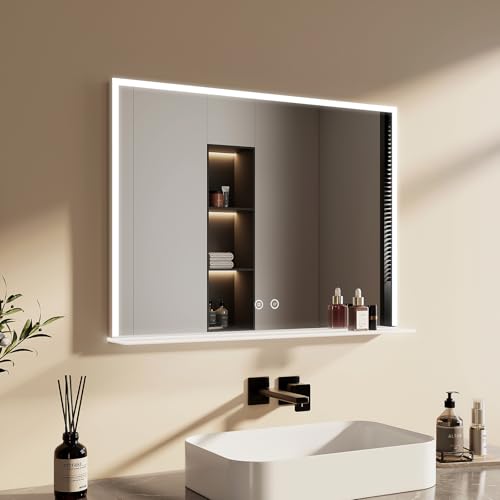 EMKE Badspiegel mit Beleuchtung 80x60cm, Badezimmerspiegel mit Ablage,...
