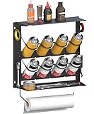 Waaliji Spray Paint Can Holder with Paper Towel Holder for Home Garage Organizer, Wall Mount Paint Bottle Tool Utility Storage Rack with 8 Holes & 2 Shelf for Shop, Black
