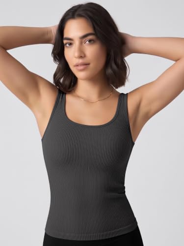 Image of ODODOS 3-Pack Seamless Square Neck Crop Tank for Women Ribbed Knit Soft Low Back Cropped Tops