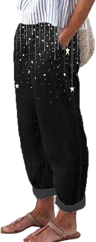Womens Fashion 2024 Summer Casual Star Printed Palazzo Pants Loose Elastic Waist Cotton Trouser Flowy Leg Pants