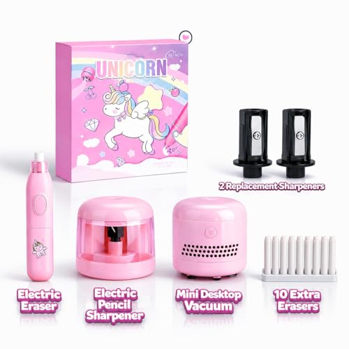 Image of Magicwand Battery Operated Pencil Sharpener,Electric Eraser,Vacuum Cleaner Stationery Set with 10 Eraser Refills for Kids,Adults for Home Office School【Crane Pink】