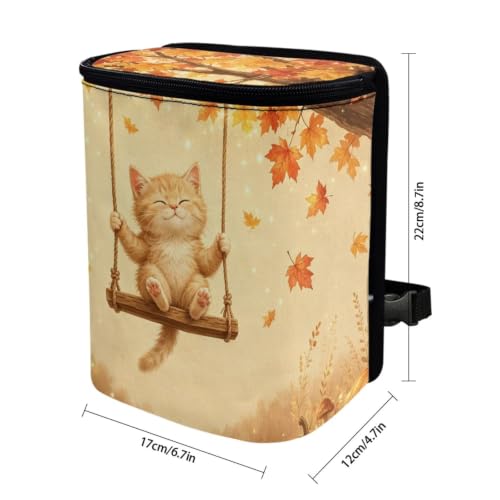 Image of Talayituse Cat Maple Print Car Trash Can with Lid, Leak Proof Auto Trash Bag Hanging Vehicle Garbage Can Multipurpose Storage Container for Back Seat Road Trip Autumn Decor