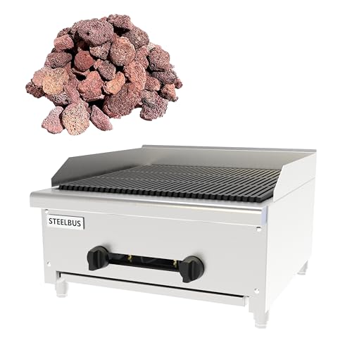 24 Inch Commercial Gas Lava Rock Charbroiler, Stainless Steel Countertop Grill with 2 Burners