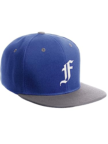 Daxton Classic Snapback Hat Old English Font Alphabet A to Z Flat Bill Visor Cap, Royal Light Grey Hat, White F