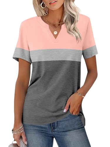 JDWZSI Women's V Neck Short Sleeve Shirts Casual Color Block Tops Summer Basic Tees Fashion Clothes Outfits
