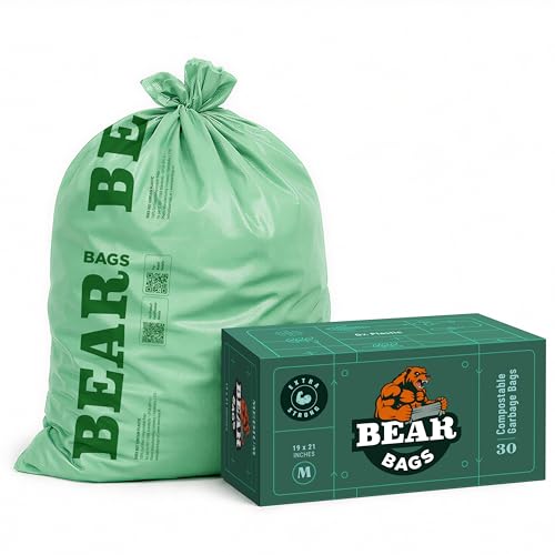 Image of BearBags Extra Strong Compostable Garbage Bags | CPCB & TUV Certified | Medium 19x21 | 30 Bags Roll | Green | Dustbin /Trash Bags | For Dry & Wet waste