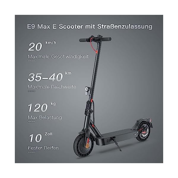 E Scooter mit Straßenzulassung, 40km Reichweite, 10 Zoll Wabenreifen ABE Elektroroller Belastung LED | bis 120kg | 20km/h Elektro Scooter |Faltbarer E Roller für Pendeln |Duales Bremssystem – Bild 3