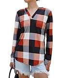 Cnlinkco Womens Tops V Neck Cuffed Long Sleeve Shirts Casual Plaid Print Work Blouses Loose Fit Henley Shirts Brown (Apparel)