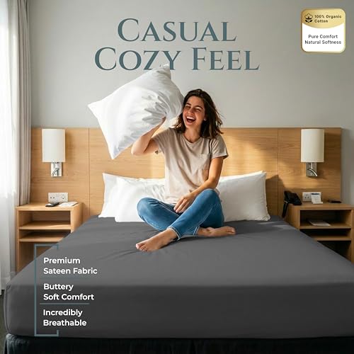 Image of Royale Linen 400 Thread Count Queen Fitted Sheets Only - 100% Cotton Fitted Bed Sheets Queen Size - Luxury Sateen Weave - All Around Elastic Deep Pocket - Durable & Soft -Fit Up To 16 inch (Spanish Slate)