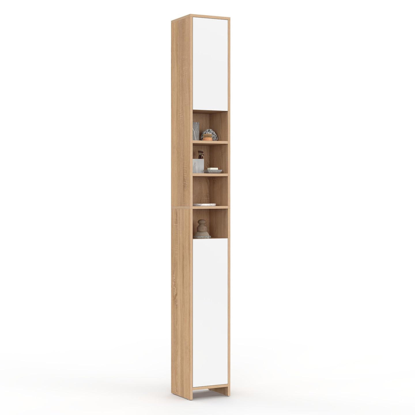 IDMarket - Meuble Colonne Salle de Bain TOMI 2 Portes 4 niches façon hêtre et Blanc