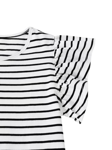 Image of Girls Striped Shirt Flutter Sleeve Top Crewneck Cute Summer T Shirts Casual Tees Black White B 7-8 Years