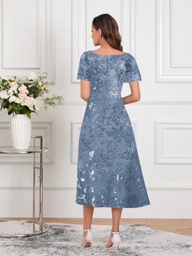Sequin Mother of The Bride Dresses for Women Elegant Tea Length A Line Formal Evening Gown with Short Sleeve3