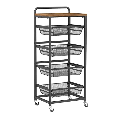 VASAGLE Sevierwagen mit 5 Ebenen, Rollwagen mit herausziehbaren Körben, Küchenregal auf Rollen, Griff, 31,7 x 40 x 95 cm, vintagebraun-tintenschwarz LRC041K01