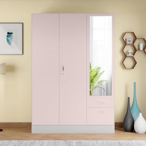 Image of Interio by Godrej Slimline Blend 3-Door Steel Almirah with Mirror (Dusky Peony), 1-Year Warranty, 1 Locker, 2 Drawers