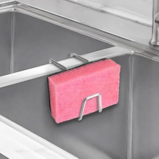 Sponge Holder for Kitchen Sink Organization, Metal Hanging Sponge Caddy for Sink Edge, Compact 2.76x2.87 Inch Dish Sponge Rack for Kitchen or Bathroom