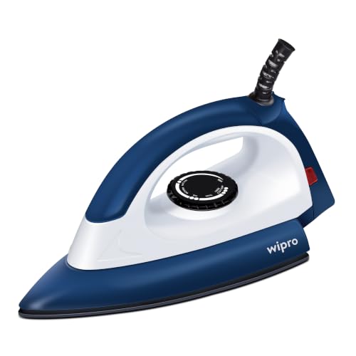 Image of Wipro Elato GD 104 Glide Automatic Electric Dry Iron 1000 Watt With LED Indicator | Anti Bacterial German Teflon Coated Soleplate | Temperature Control | Quick Heat Up - 1000 Watts, White with Blue.