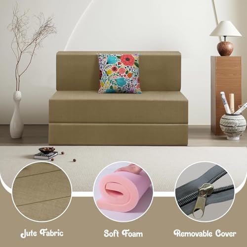 Image of Rosebell - One Seater Sofa Cum Bed, Foldable Sofa Bed 3 X 6 Feet, Jute Fabric- Washable Cover- Including 1 Cushion Perfect for Home & Office - Golden-Color