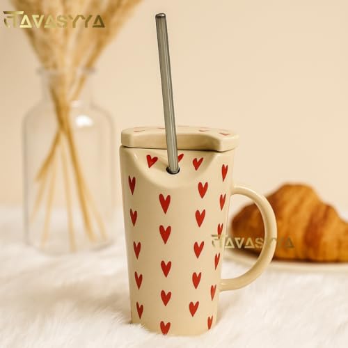 Image of Handmade Ceramic Mug, Tumbler with Lid & Straw Beige with Red Heart Print Tumbler, Cup for Hot & Cold Beverages | Microwave & Dishwasher Safe | Perfect for Gifting (Red Heart)