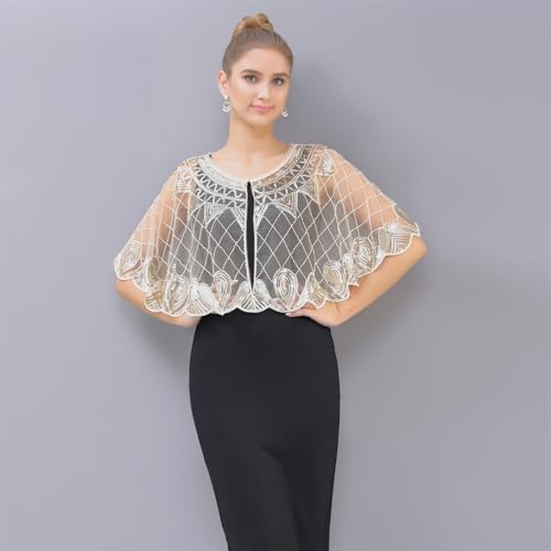 GIBZ Sequin Shawl and Wraps for Evening Dresses, 1920s Tulle Cover Up, Vintage Cape for Gatsby Party2