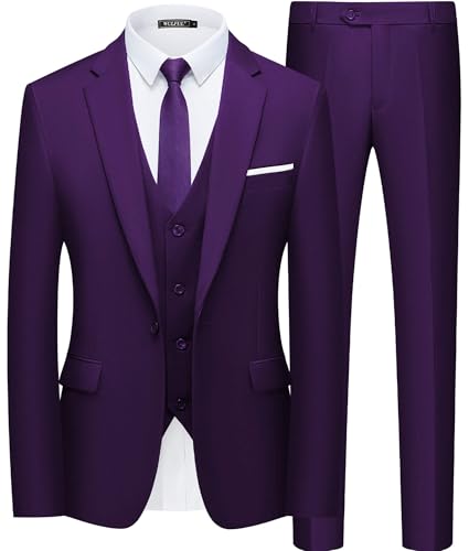 WULFUL Terno masculino slim fit com um botão, blazer de 3 peças, colete e calça para festa de casamento de negócios, Roxa, GG
