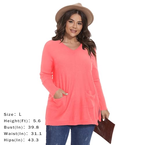 Image of Women's V-Neck Long Sleeve Casual Pullover Tops Loose Fit Lightweight Sweater Pink