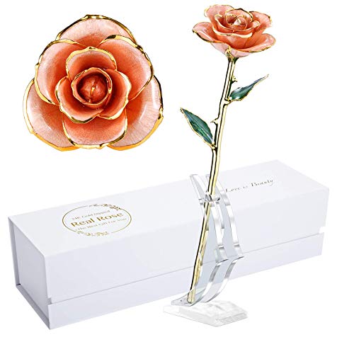 Image of 24K Gold Rose, Gold Dipped Rose Made from Real Rose Best Gifts for her and Great Gifts for Wife, Pink with Stand