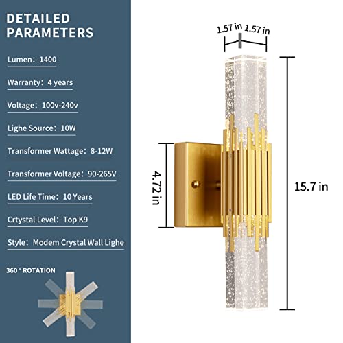 Hj.luyo Crystal Wall Sconces Set Of Two Gold Led Wall Light Fixtures With Bubble Crystal Wall Lamps Modern Crystal Vanity Sconces 4000K For Badroom Bathroom Living Room #TOP1
