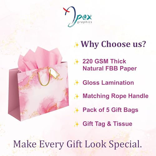 Image of Gift Bags Large Size - Paper Bags for Gifting with Tissue and Tag - Carry Bags for Return Gift Birthday Wedding Party - 14 x 10.5 x 4 Inch - Pack of 5