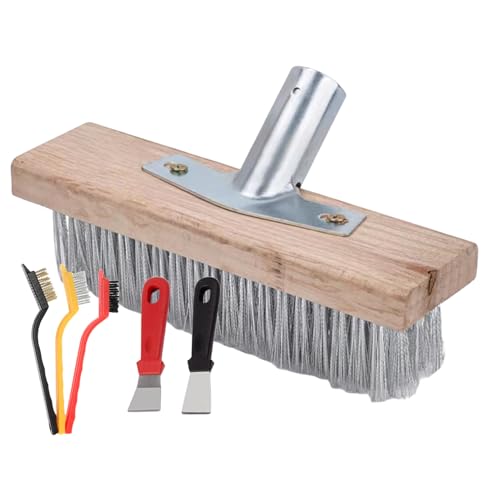Escoba de cerdas rígidas, escoba de empuje de cerdas de acero inoxidable, con enchufe para mango de madera, jardín, patio, metal para suelos de azulejos, garaje y uso al aire libre