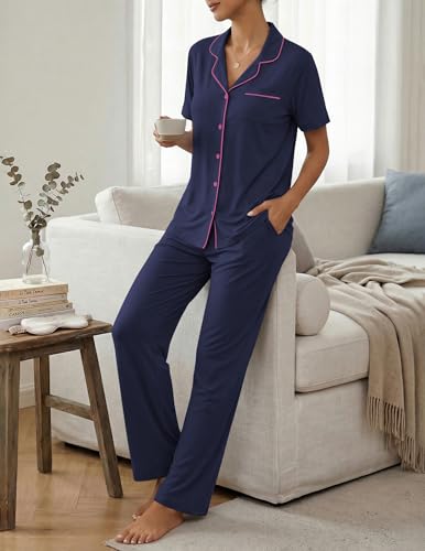 Image of ZMJ Womens Pajamas Sets 2 Piece Button Up Pj Sets Short Sleeve with Long Pant