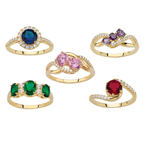 PalmBeach Yellow Gold-Plated Multi Color Simulated Gemstone and Cubic Zirconia 5 Piece Ring Set