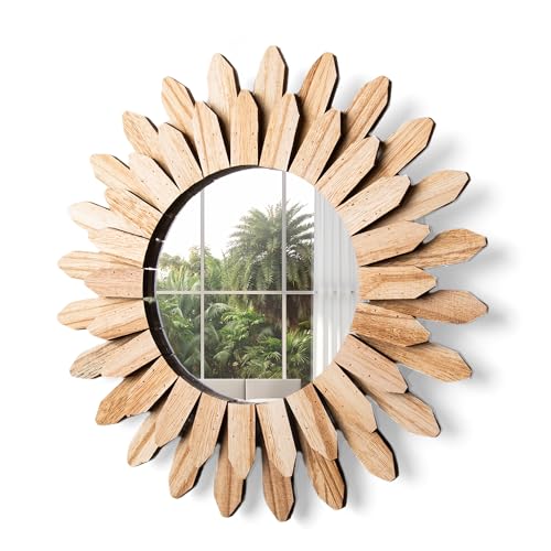 HPC Decor 12inch Wall Mirror Decorative - Rustic Round Wood Mirror, Sunburst Boho Mirror Wall Decor,Farmhouse Wall Decor, Boho Art for Bedroom Living Room Entryway,Bathroom,Home,House Warming Gifts