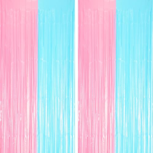 Image of Voircoloria 2 Pack Pastel Blue and Pink Foil Fringe Backdrop Curtains, Tinsel Streamers Party Decorations, Fringe Backdrop for Gender Reavel, Baby Shower Party