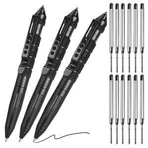 Tungsten Steel Military Tactical Pen – 3 Pack Emergency Self Defense with 12 Black Ballpoint Refills for Writing, Professional Glass Breaker Pen, Multitool for Father’s Day
