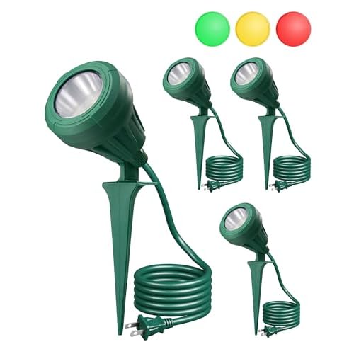 EDISHINE 120V Outdoor LED Spotlights, 5.5W Plug in Spotlight with 3 Lenses (Red Green Yellow) & 180° Rotatable Lamphead, 5000K Waterproof Landscape Lights for Flag Garden, 4 Pack Green 4Pack